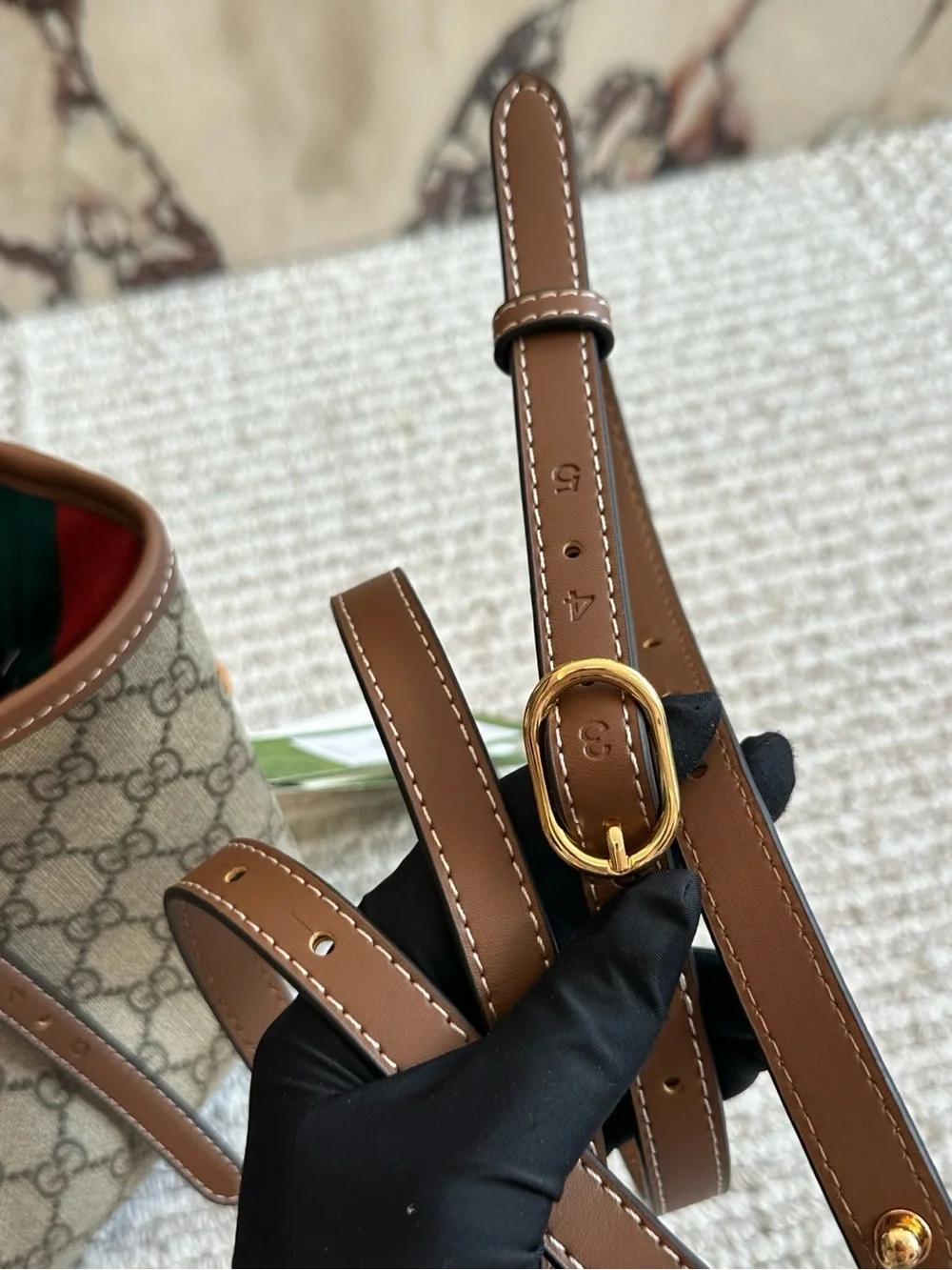 Gucci Beige GG Supreme Canvas Tote with Black Trim and Green-Red Webbing